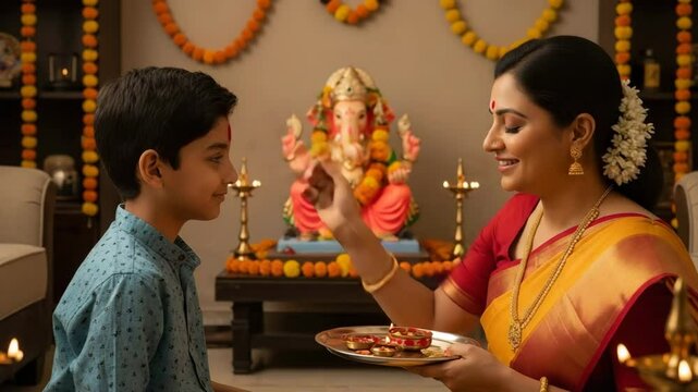 Woman applies tilak to family member during Ganesh puja in a warm home environment filled with tradition and celebration