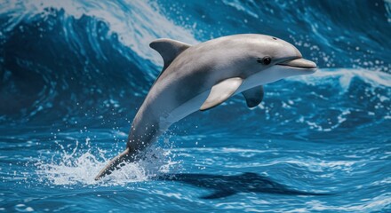 Naklejka premium Dolphin leaping in vibrant blue ocean waves