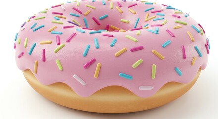 A glossy pink donut, topped with colorful sprinkles
