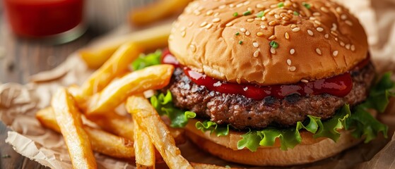 A close-up view of a hamburger with fries and ketchup, showcasing delicious fast food details,.