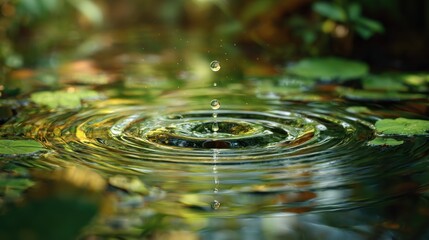 Water droplet impacting still water, creating ripples.  Nature's serene beauty