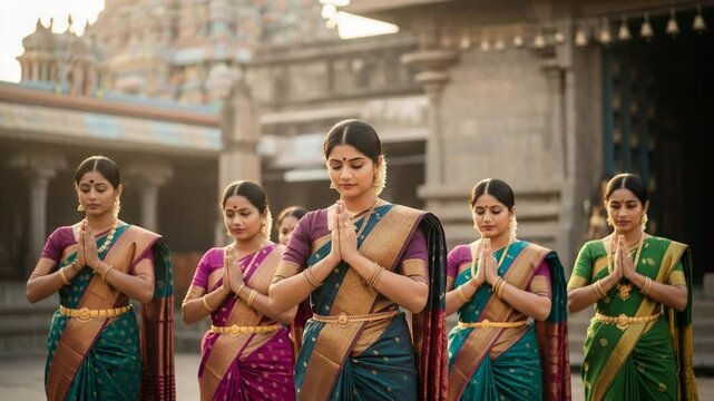 Women offer prayers in traditional sarees amid the sound of ringing bells at a temple ceremony during the festive season