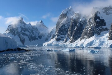 A polar landscape of peaks and ice formations