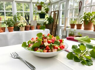 Fresh Salad Delights: A vibrant and inviting close-up captures a refreshing bowl of salad in a light-filled setting. Embodying health and a burst of culinary excellence.