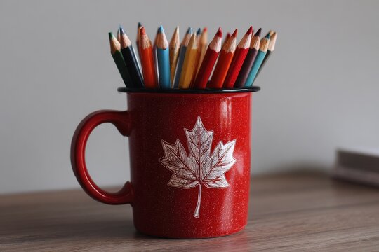A red cup holds colored pencils and a maple leaf