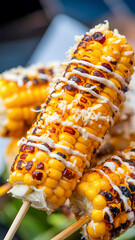 Grilled corn on the cob topped with creamy sauce, shredded cheese, and spices, delivering the ultimate savory street food flavor experience.
