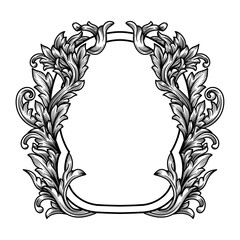 Vintage baroque round frame with filigree flourish flora engraved ornament. Antique victorian border ornamental with copy space