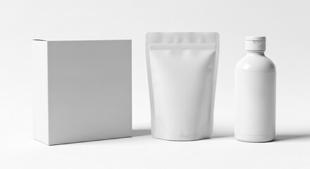 Blank Packaging Mockups: Box, Pouch, and Bottle Trio