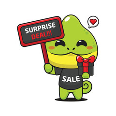 cute chameleon with promotion sign and gift box in black friday sale cartoon vector illustration