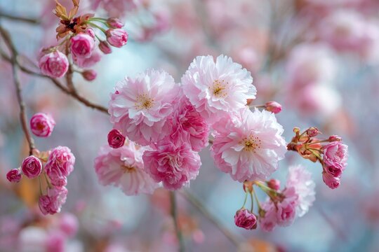 A springtime cherry tree in Bavaria Germany adorned with soft pink flowers - Powered by Adobe