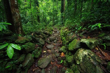 Fototapeta premium A stone path winds through dense greenery in the Indonesian jungle