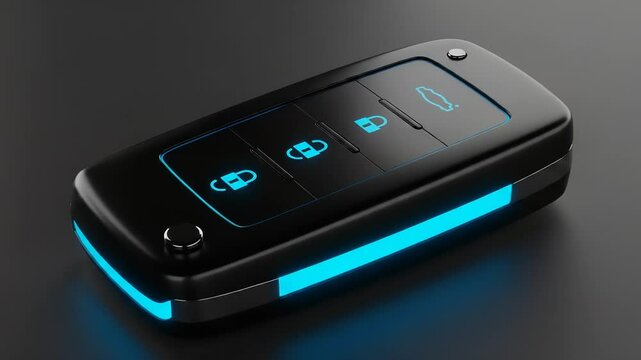 Modern car key fob with illuminated buttons on black