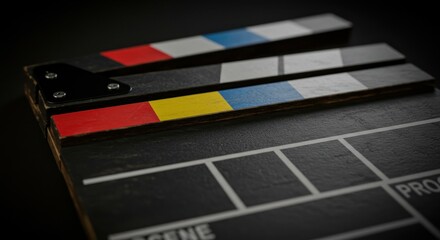 Naklejka premium Close-up of a film clapperboard, showing the colored flags and numbered sections. Dark background