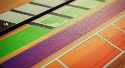 Close-up of colored wooden clapperboard.  Multi-colored painted sections on a wooden surface.  Stripes, squares, and a green band are visible.  Studio still life