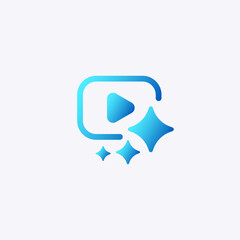 Ai design with a play button and sparkling shapes in a blue gradient, symbolizing innovation.