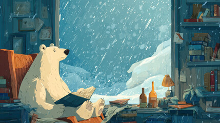 Polar Bear Reading in Snowy Room