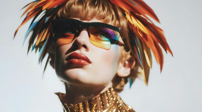 Fictional androgynous model with short blonde hair, wearing rainbow-colored sunglasses, adorned in gold attire, featuring vibrant feathers on their head, posing and looking around. 
