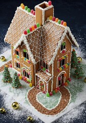 Festive homemade gingerbread house decorated with colorful candy and icing, a sweet Christmas tradition for holiday baking and celebration.