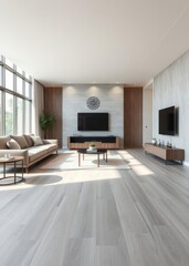 A contemporary living room featuring light grey vinyl flooring with a subtle wood grain texture providing a sleek and durable surface Empty room interior design architecture blank design room