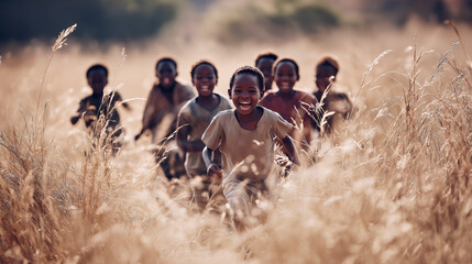 Joyful group of African children running and laughing through tall grass field, natural candid moment.