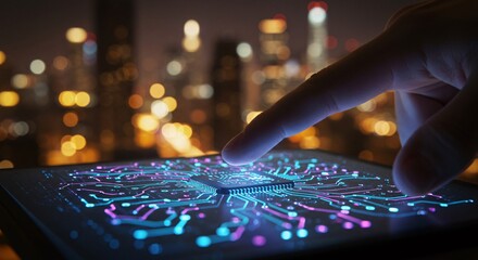Finger touching a digital tablet showcasing a glowing circuit board design at night
