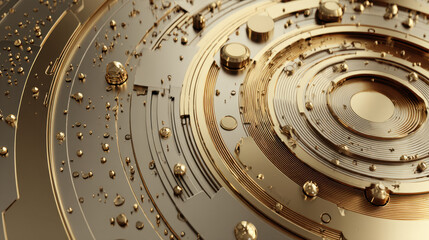 Abstract Golden Metallic Circular Pattern with Water Droplets
