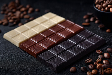 a chocolate bar and some coffee beans on a table