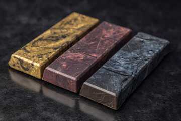 three marble blocks sitting on a table