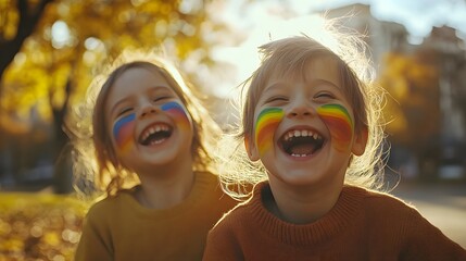 Two happy children with colorful face paint outdoors.