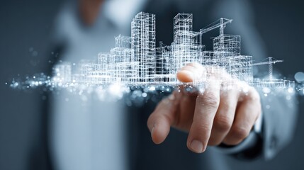 Close-up of a businessman touching a virtual hologram city model on a digital screen, a futuristic construction technology concept. 