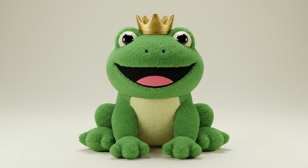 Fototapeta premium Cute, plush green frog wearing golden crown