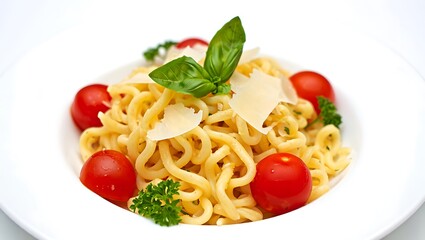 Close up of pasta dish with cherry tomatoes basil and parmesan cheese on a white plate isolated