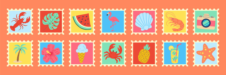 A colorful postcard with various tropical images including a palm tree, a watermelon, a flamingo, a crab, a pineapple, a shrimp, a camera, and a cup of juice