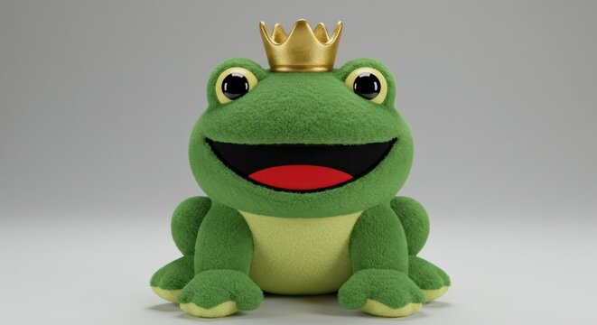 Smiling frog wearing a golden crown.  3D render