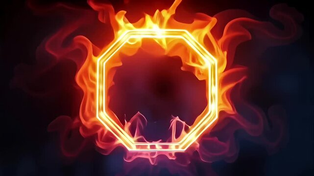 Neon orange and yellow octagonal frame with flame effect, overlay for video or animation, motion graphics element