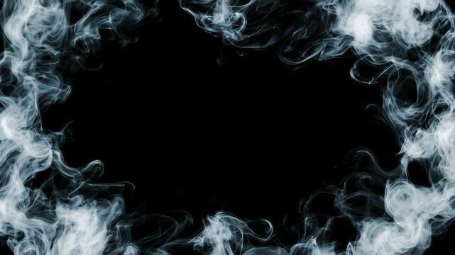 Whispering wisps of smoke frame drift and swirl around a black void, tendrils curling and dissolving in ephemeral patterns as misty currents dance across the dark frame.