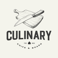 Home cooking vintage logo style with wood cutting boar and knife hand drawn illustration.