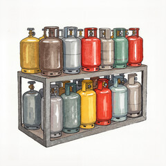 Gas cylinders arranged on a metal rack in various colors 