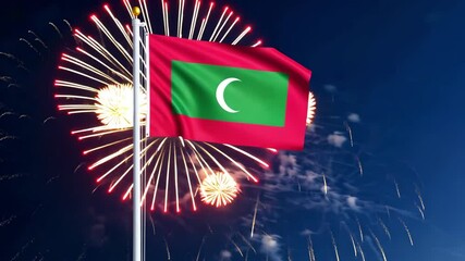 National flag independence state Maldives, background fireworks. AI Generative