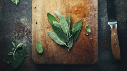 Fresh sage leaves resting on a cutting board, perfect for adding an earthy, slightly peppery flavor to stuffing, soups, and meats