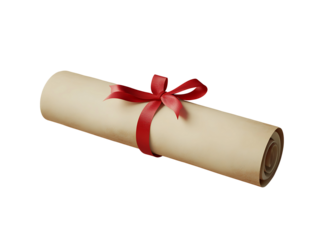 3D Of Rolled Parchment Paper with Red Ribbon on Transparent Background