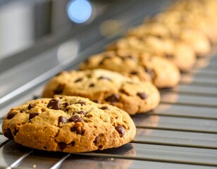 Freshly baked chocolate chip cookies on a baking sheet, golden and delicious.
