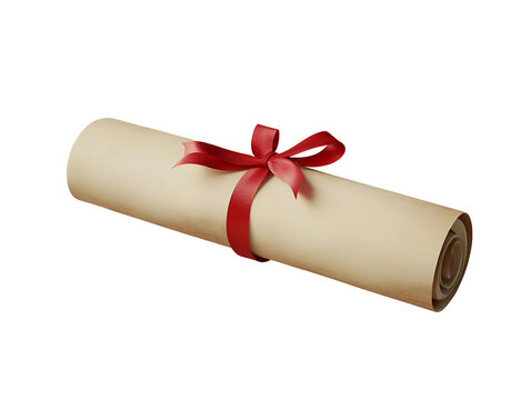 3D Of Rolled Parchment Paper with Red Ribbon on Transparent Background