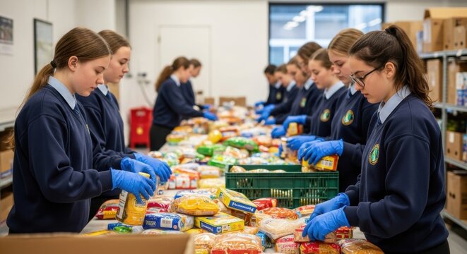 Young caucasian females organizing food donations in community center
