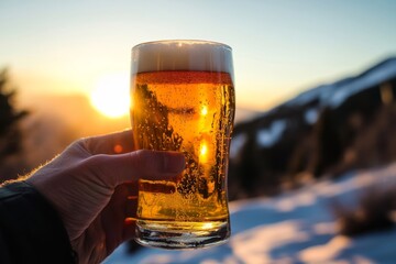 A refreshing glass of beer held up against a scenic mountain and sunlit background