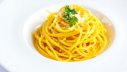 Close up shot of spaghetti pasta with parmesan cheese and parsley in a white bowl on a white surface