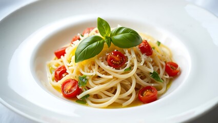 A plate of spaghetti with cherry tomatoes basil and parmesan cheese on a white plate close up view