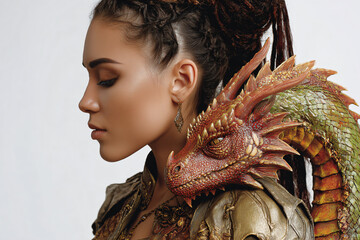 a woman with a dragon head and a dragon tail