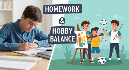 Young caucasian male balancing homework and hobbies with art, music, and sports