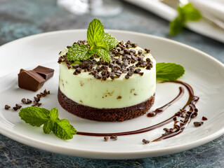 Chocolate mint cheesecake with chocolate shavings and decorative sauce on a white plate
